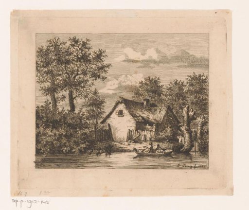 Rowing boat on a river in front of a farmhouse in Wetteren