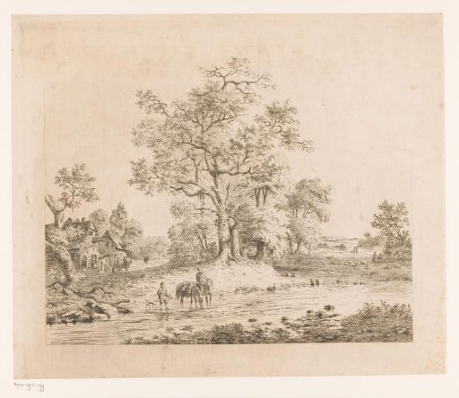 Landscape along the Sambre, a Rider with Two Horses in the Water Next to a Man with a Dog