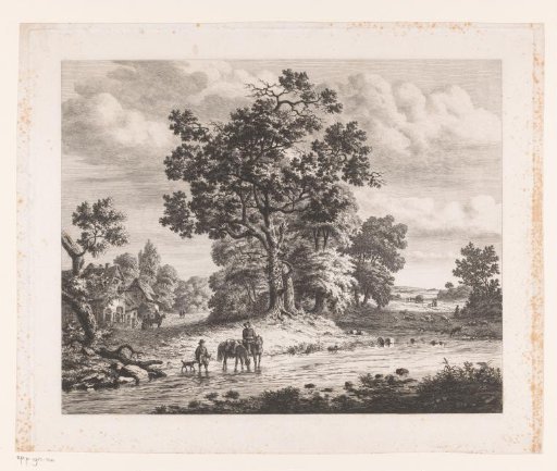 Landscape along the Sambre, a Rider with Two Horses in the Water Next to a Man with a Dog