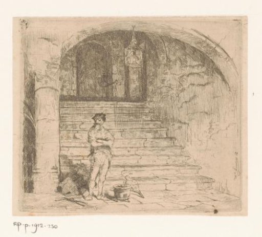 Man standing next to a cauldron by a staircase