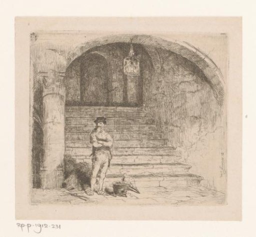 Man standing next to a cauldron by a staircase