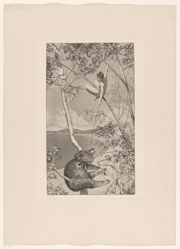 Naked woman reaching with a branch towards a bear below her in the tree