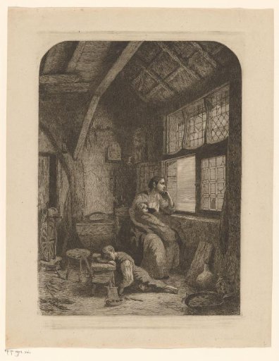 Woman with two sleeping children waiting by an open window