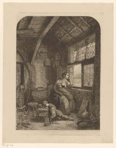 Woman with two sleeping children waiting by an open window