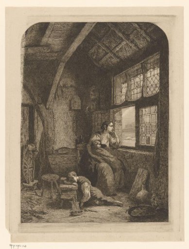Woman with two sleeping children waiting by an open window