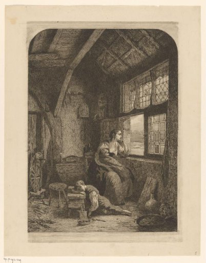 Woman with two sleeping children waiting by an open window