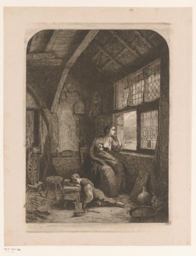 Woman with two sleeping children waiting by an open window