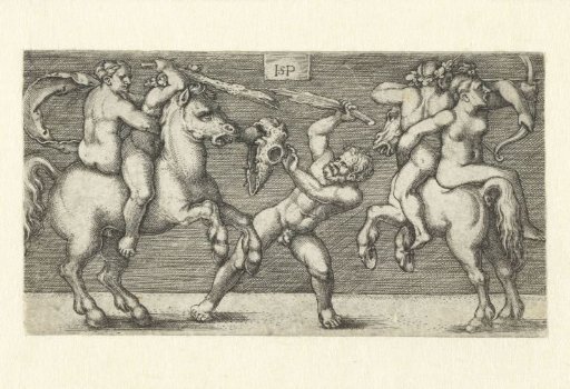 Fight between two men with women on horseback and a standing man