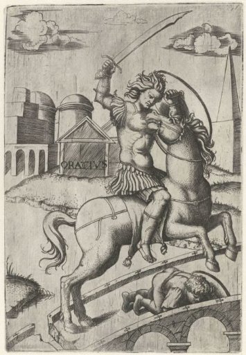 Roman Soldier Horatius Cocles on Horseback on the Bridge of the Tiber in Rome