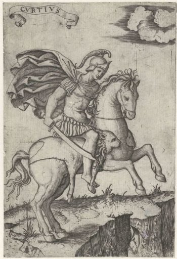 Roman Soldier Marcus Curtius in Armor on Horseback Throws Himself into a Chasm