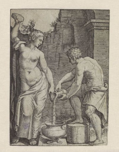 Half-Naked Woman Washes Herself with Sponges and Male Servant Pours Water into Vat