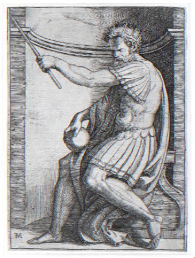 Emperor with crown and scepter and globe sitting on a throne in a niche