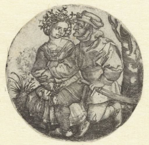 Seated man holding the hand of a woman with a wreath on her head