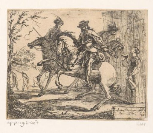 Three riders in front of an inn