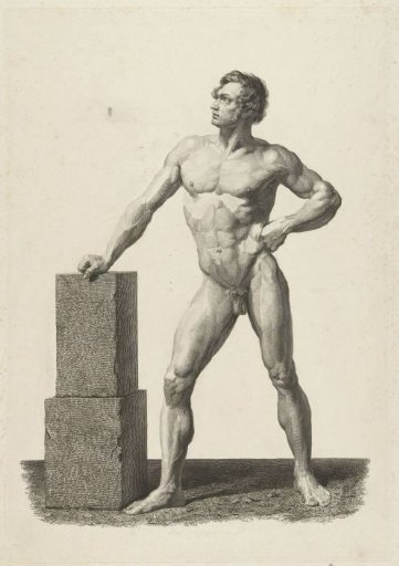 Nude man, leaning with the right hand on a stone block