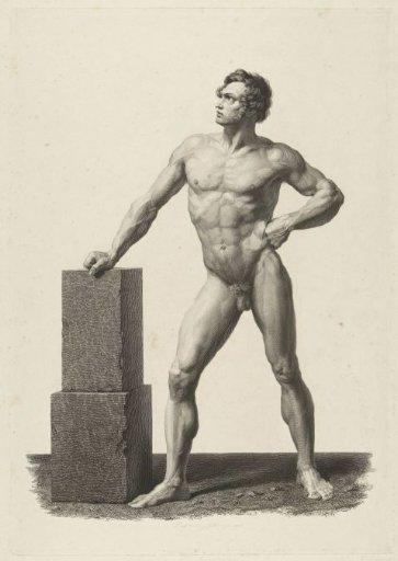 Nude man, leaning with the right hand on a stone block