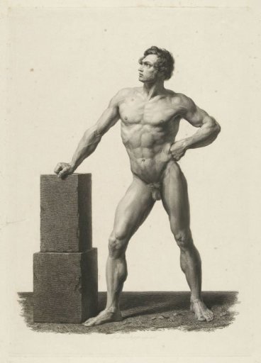 Nude man, leaning with the right hand on a stone block