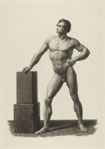 Nude man, leaning with the right hand on a stone block