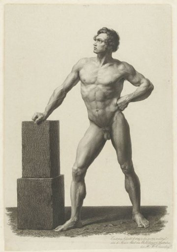 Nude man, leaning with the right hand on a stone block