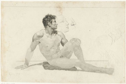 Nude man, leaning with the right hand on a stone block
