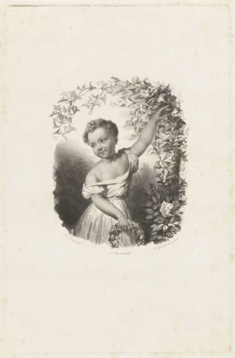 Girl with a flower wreath under a flower arch
