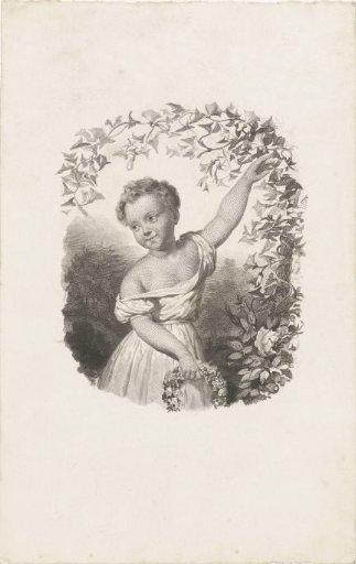 Girl with a flower wreath under a flower arch