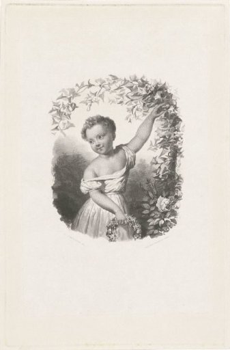 Girl with a flower wreath under a flower arch