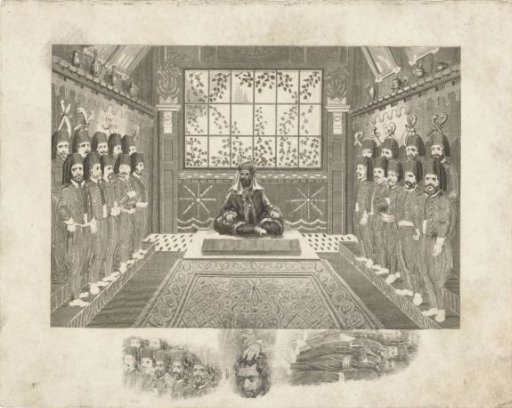Man with a turban seated cross-legged and 19 soldiers all wearing a fez
