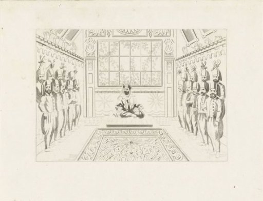 Man with a turban seated cross-legged and 19 soldiers all wearing a fez