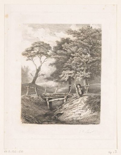 Girl with a dog by a wooden bridge