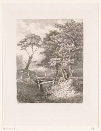 Girl with a dog by a wooden bridge