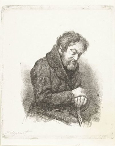 Seated elderly man with walking stick in his hands