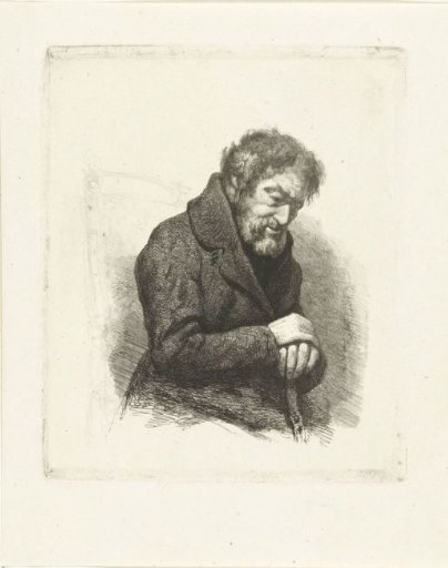 Seated elderly man with walking stick in his hands