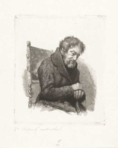 Seated elderly man with walking stick in his hands