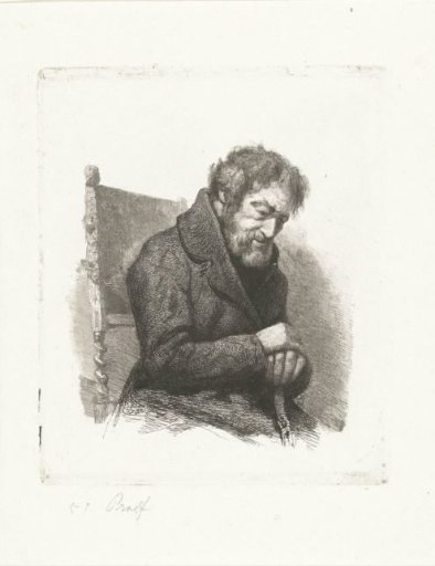 Seated elderly man with walking stick in his hands