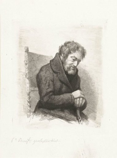 Seated elderly man with walking stick in his hands