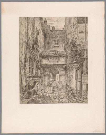 Man Feeding Horses in a Courtyard