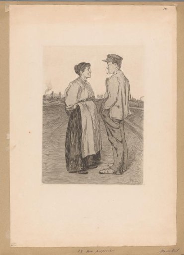 Man and woman standing opposite each other in the fields