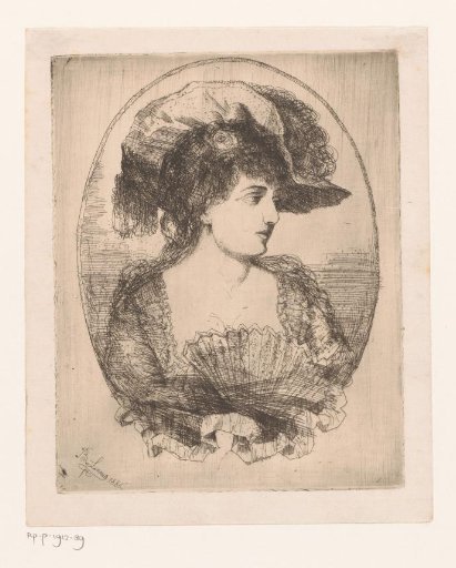 Portrait of an unknown young woman with hat and fan