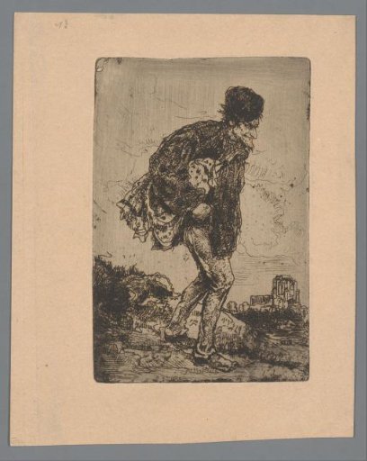 Walking Man with a Violin Wrapped in Cloth Under His Arm