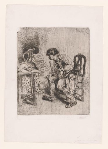 Horn player studying the sheet music Fraises au Champagne