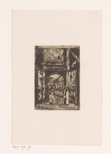 Nun with a book in her hands under a gateway