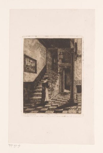 Woman with a dish of provisions at the bottom of a staircase