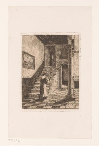 Woman with a dish of provisions at the bottom of a staircase