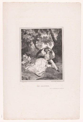 Two lovers kissing in the grass under the trees