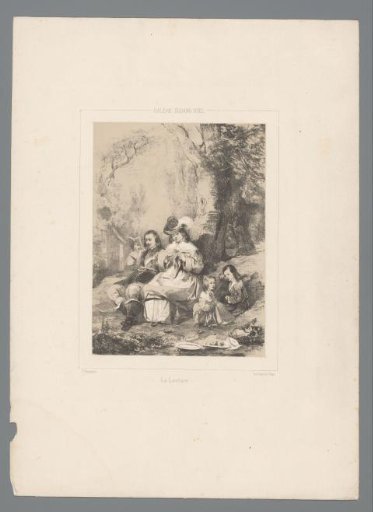 Woman, two children and reading man picnicking by a tree