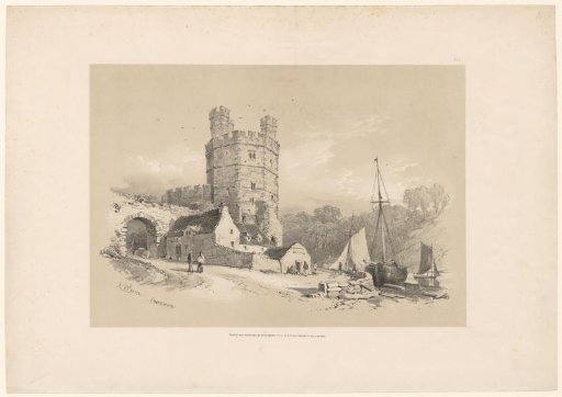 Gezicht op een ruïne te Caernarvon