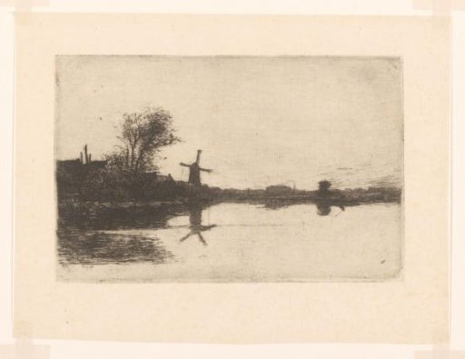 View of a waterway, houses and a mill