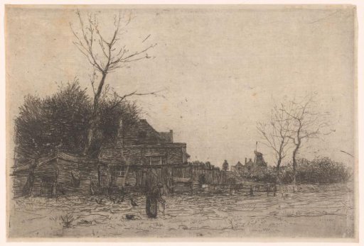 Old woman in a field near a farm