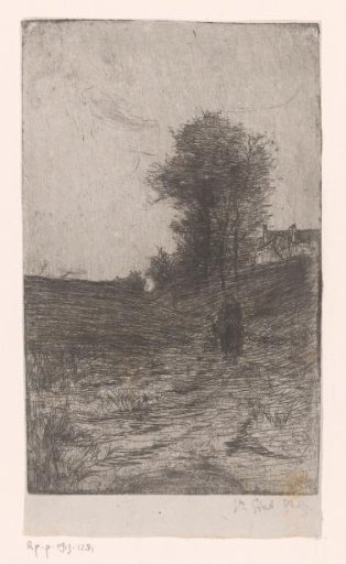 Landscape with trees, houses and a walking figure